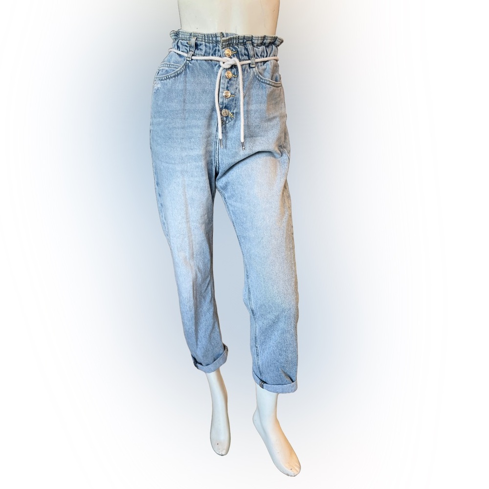 ZARA Women's Paper Bag Waist Baggy Barrell Blue Jeans Size 0